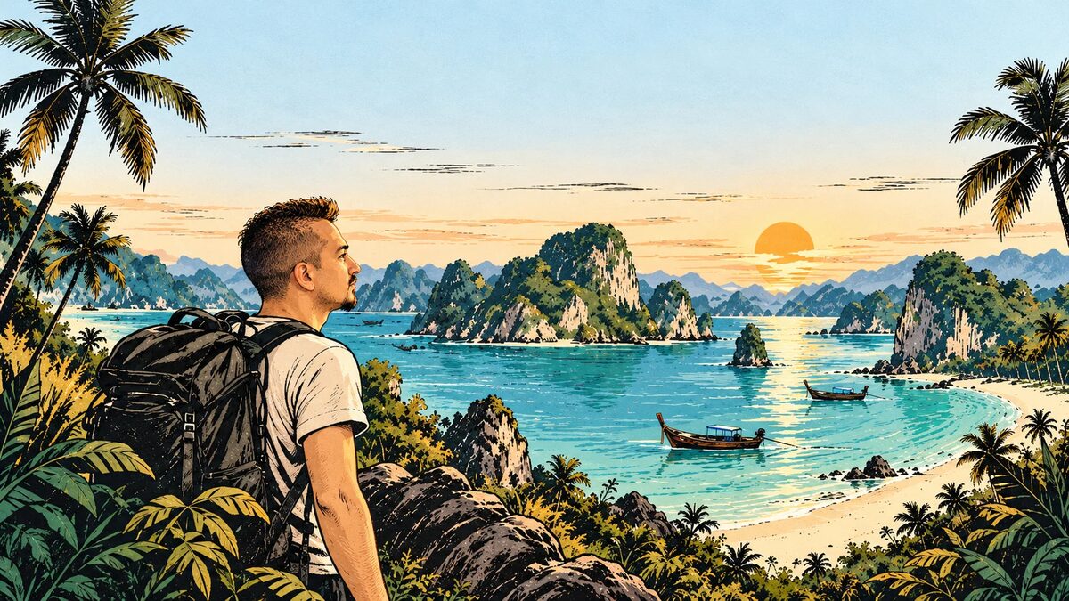 Illustration: a traveller with a backpack looking out over a tropical bay of limestone islands at sunset