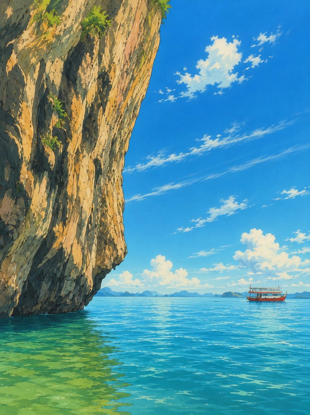 Painted limestone cliff over turquoise water with a longtail ferry, Phang Nga Bay